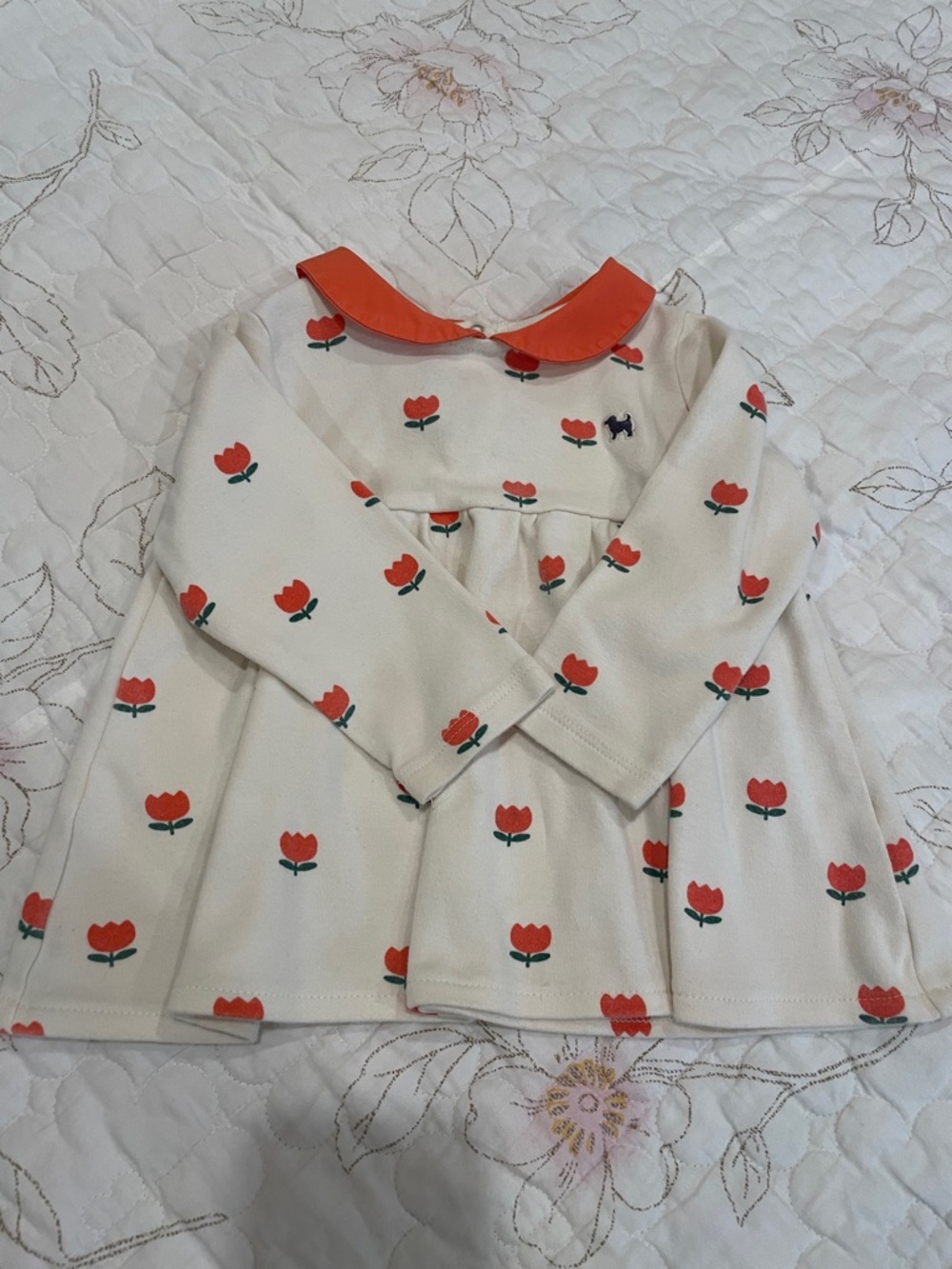 Korean Cream Toddler Dress with Orange Tulip Print & Orange Collar size 18 month